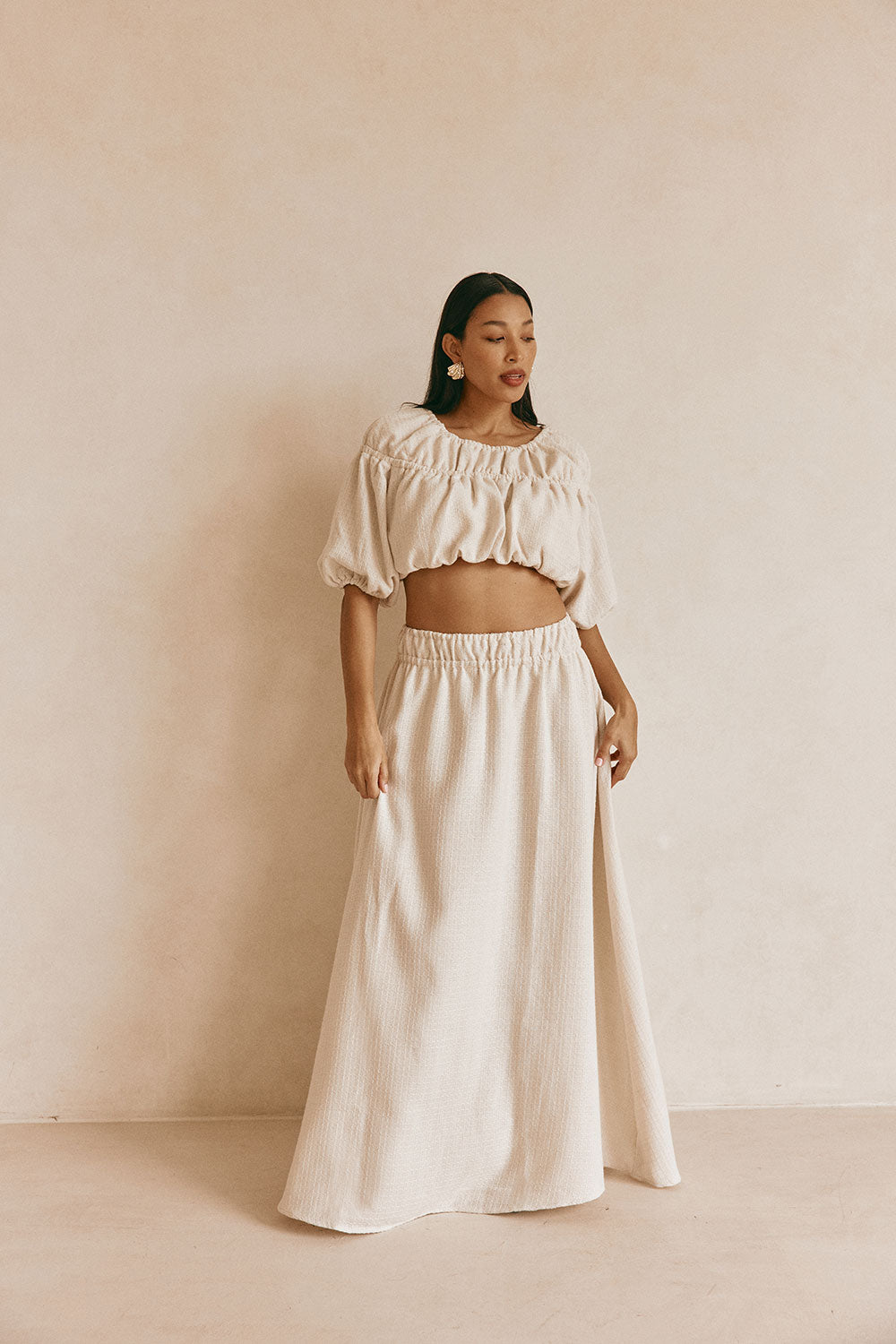 Beige Ruched A Line Maxi Astra Skirt