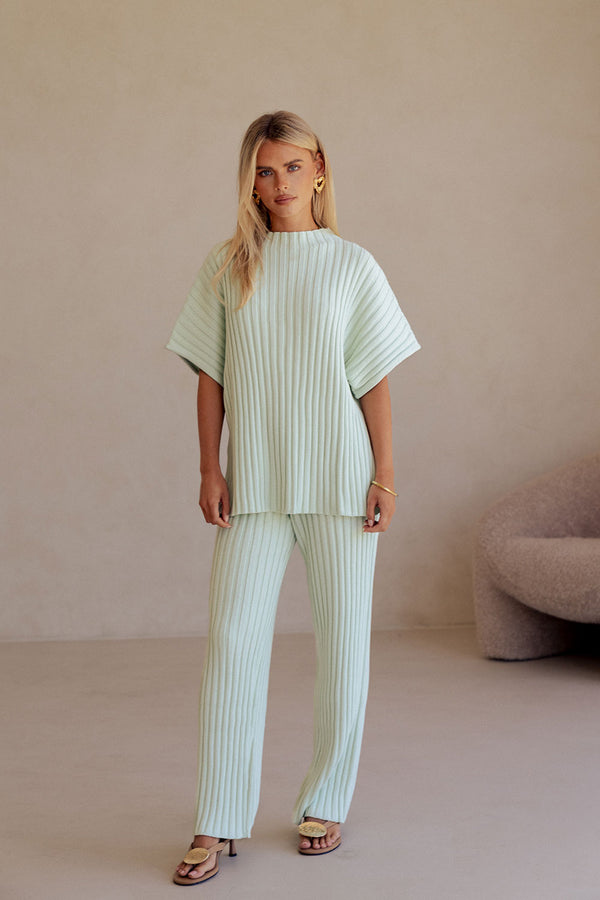 Mint Green Ribbed Knit Short Sleeve Celine Top