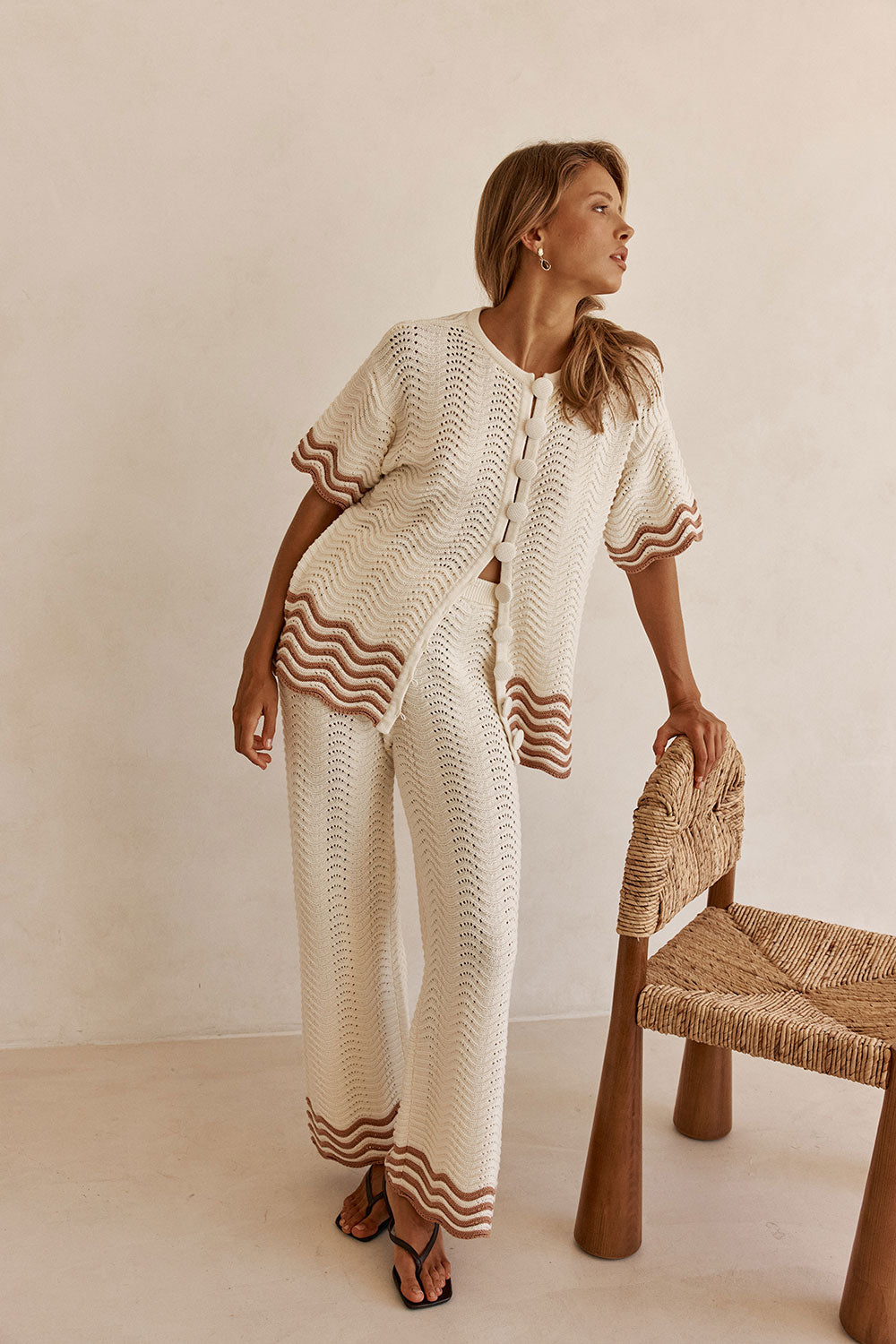 Cream Wavy Knit High Waist Janaya Pants