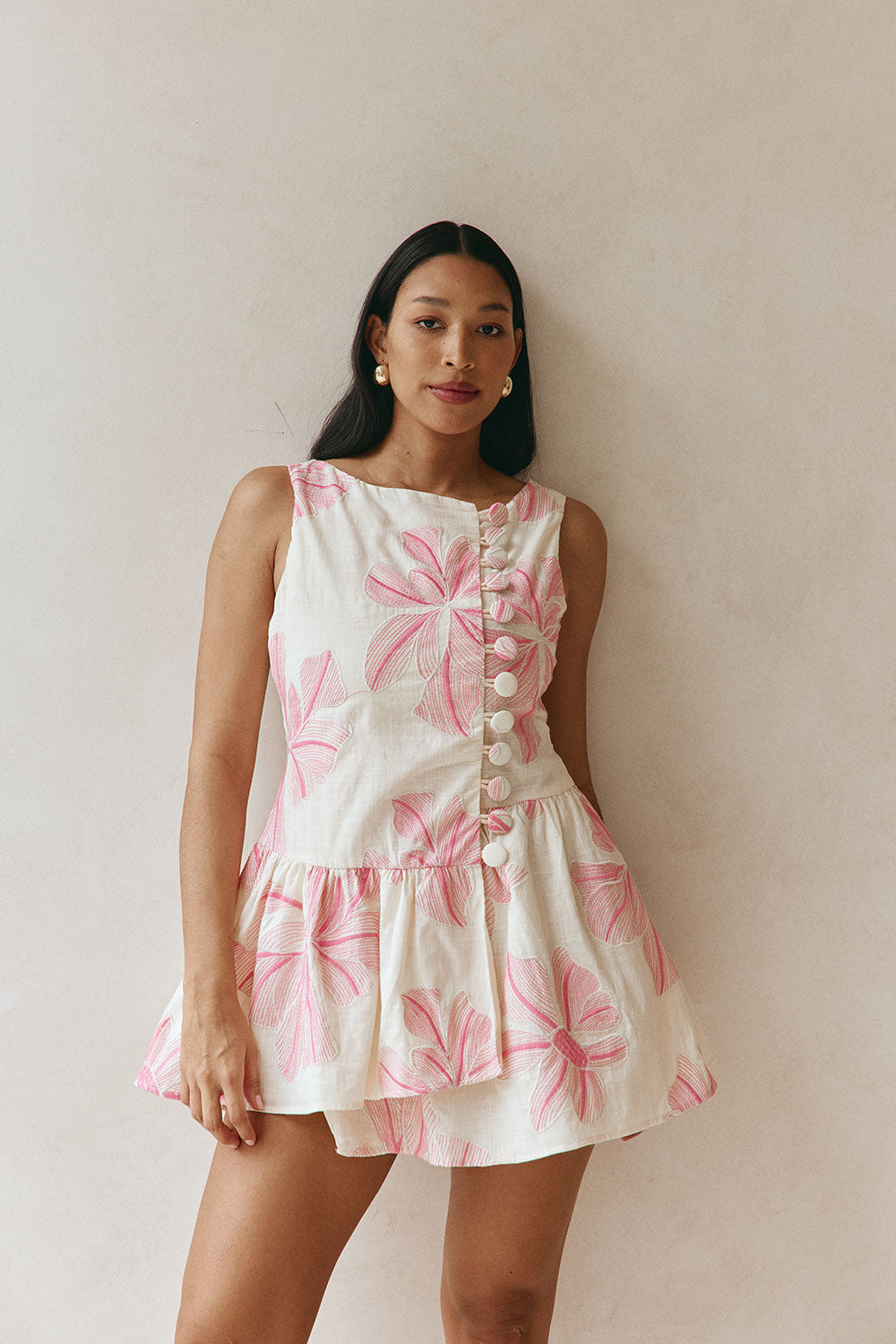 Pink Spring Floral Print Button Mini Alfresco Dress