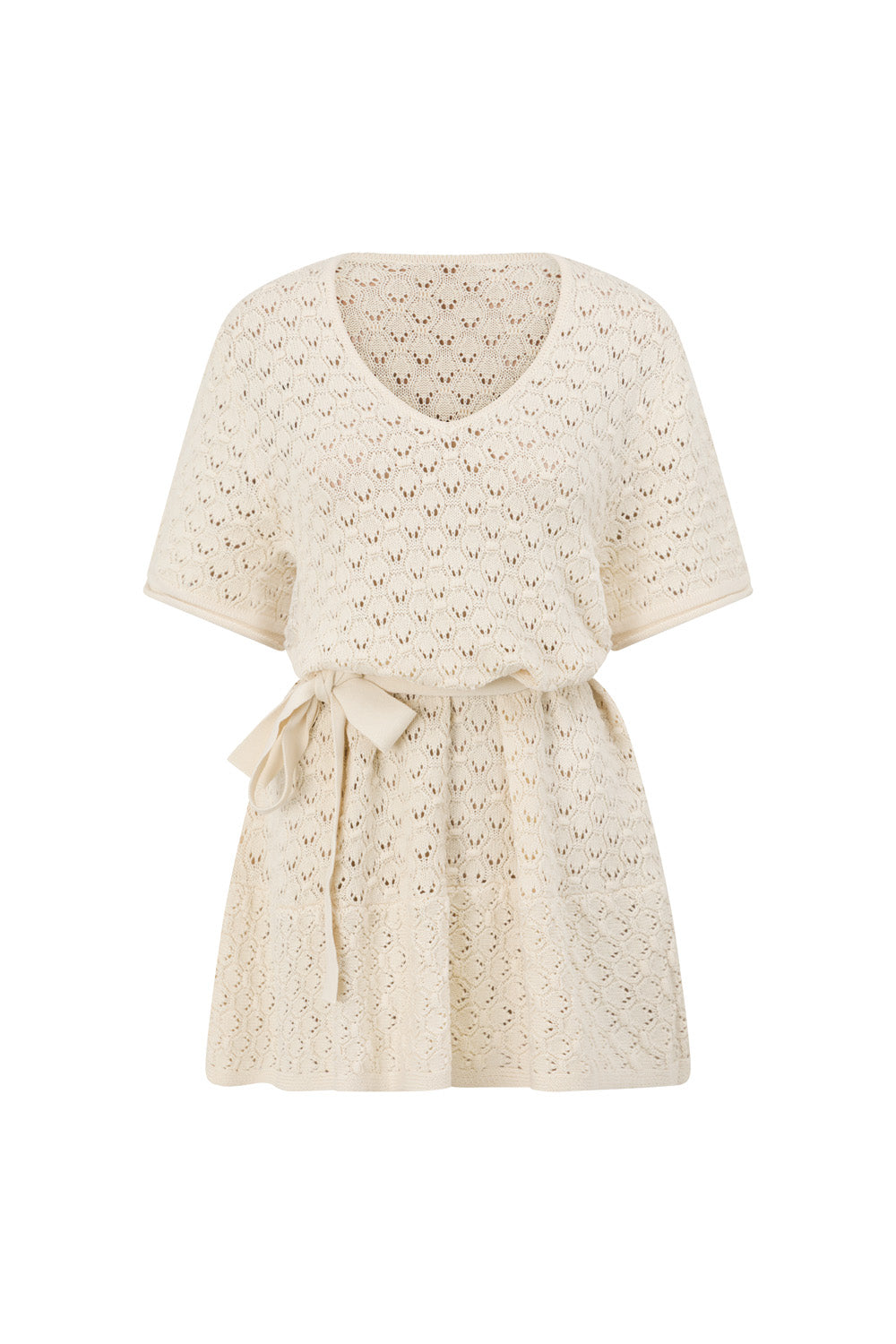 Cream Pointelle Knit Waist Tie Mini Demi Dress
