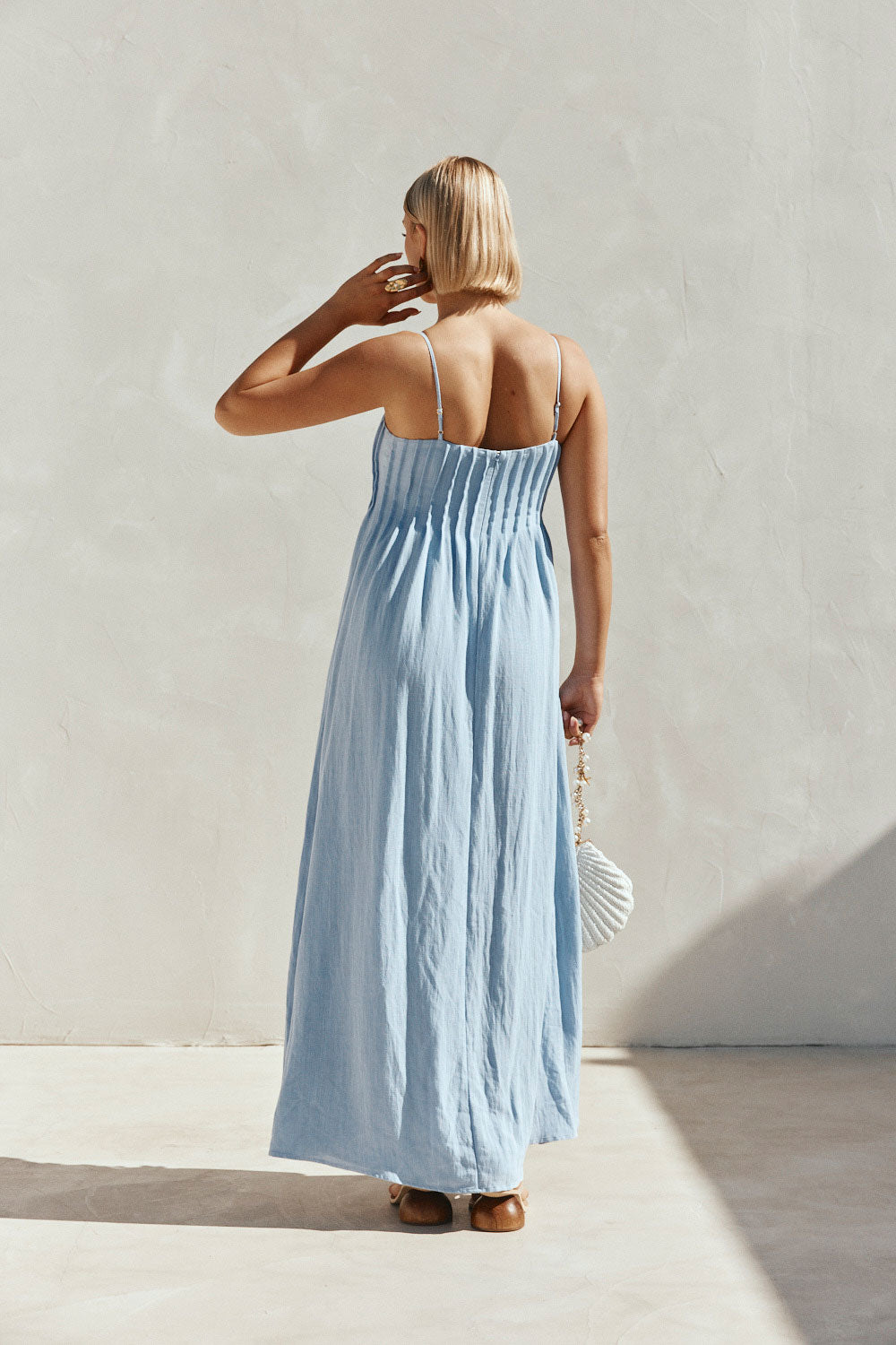 Blue Pin Tuck Pleat Maxi Ada Dress