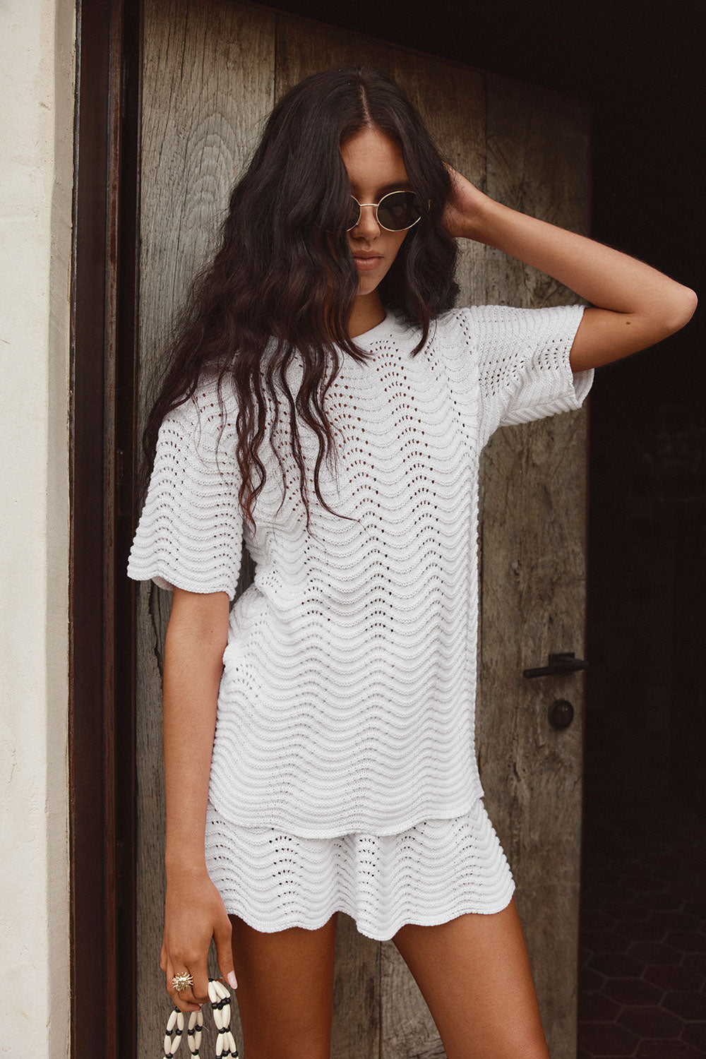 White Wave Knit Short Sleeve Leah T Shirt Top