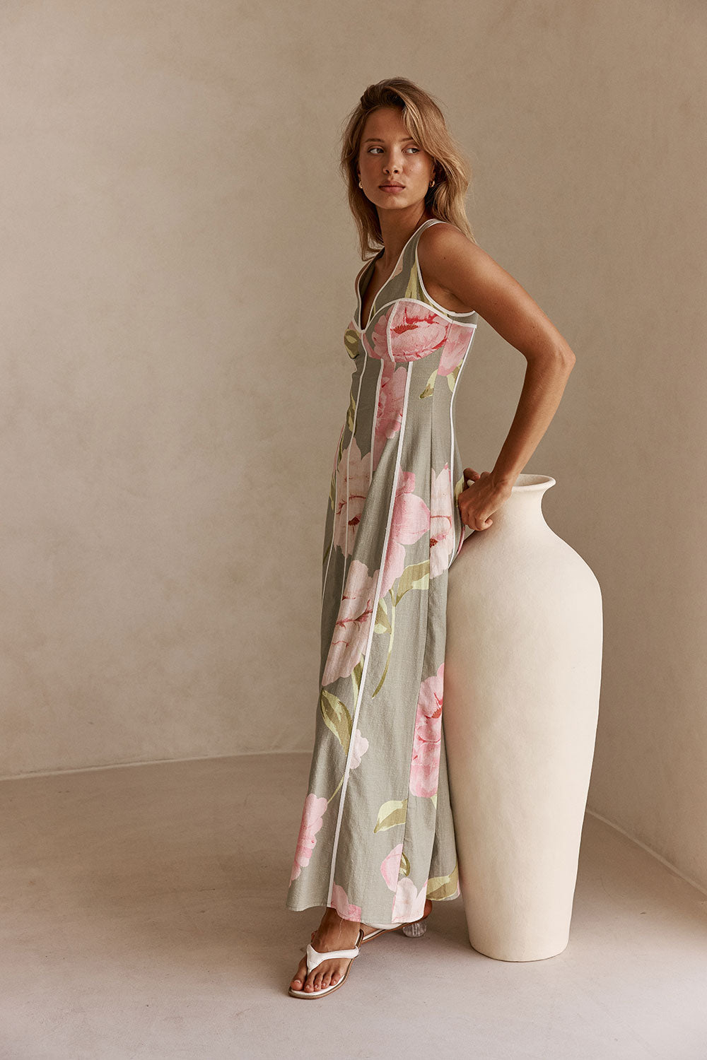 Fiori Green Floral Print V Neck Maxi Emory Dress