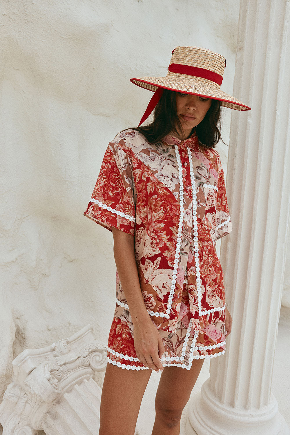 Red Floral Solafleur Print Button Up La Dolce Vita Shirt