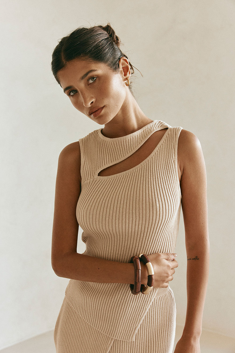 Tan Knit Asymmetric Cutout Side Split Indie Top