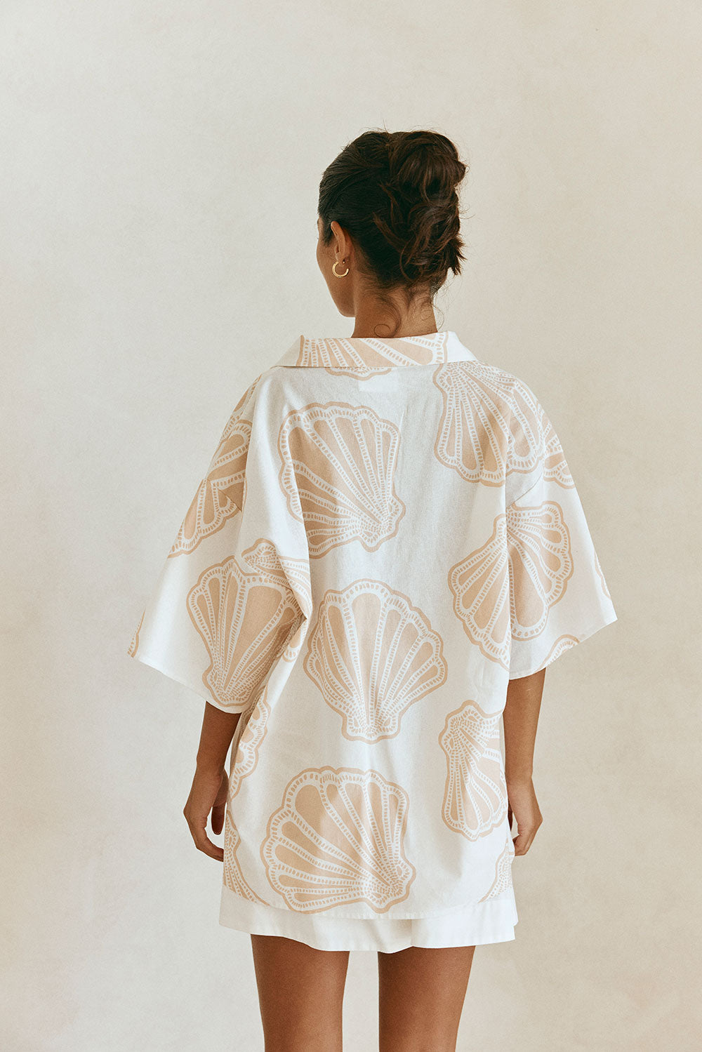 White Coastal Shell Button Up Collar Celestia Top
