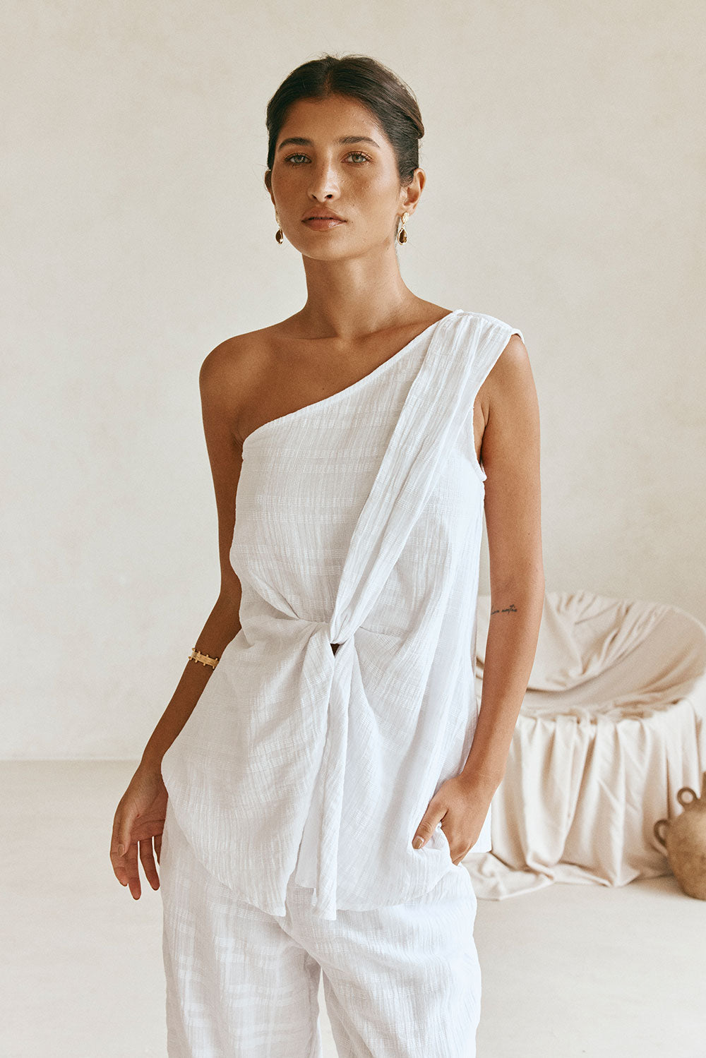 White Plaid One Shoulder Split Knot Sofia Top