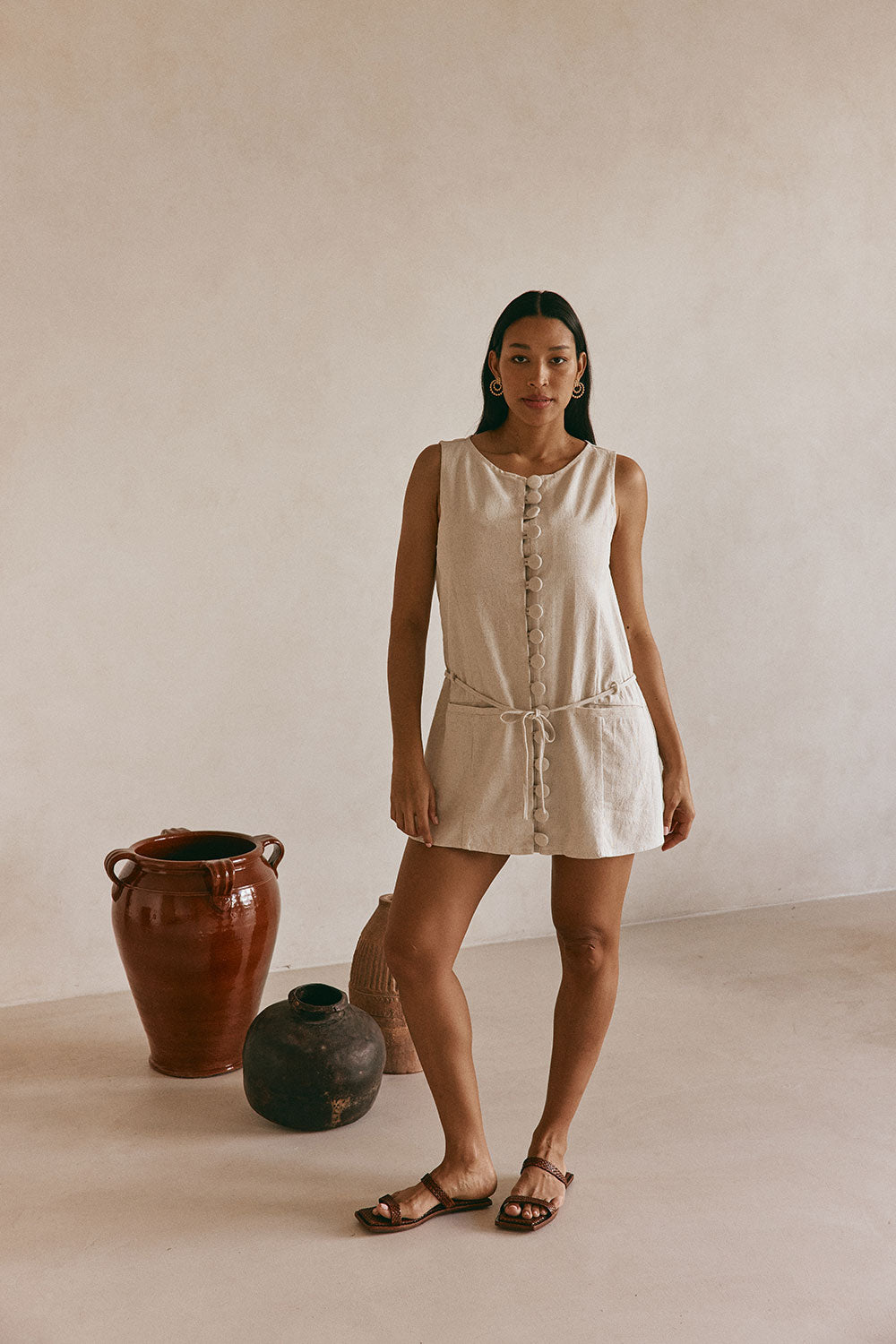 Beige Button Up Mini Alianna Dress