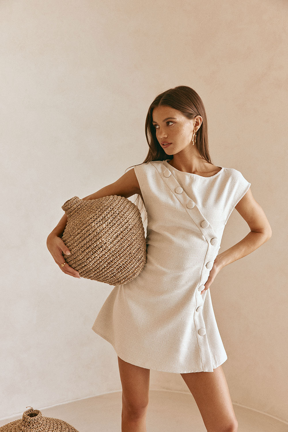 Beige Button Flared Mini Leighton Dress