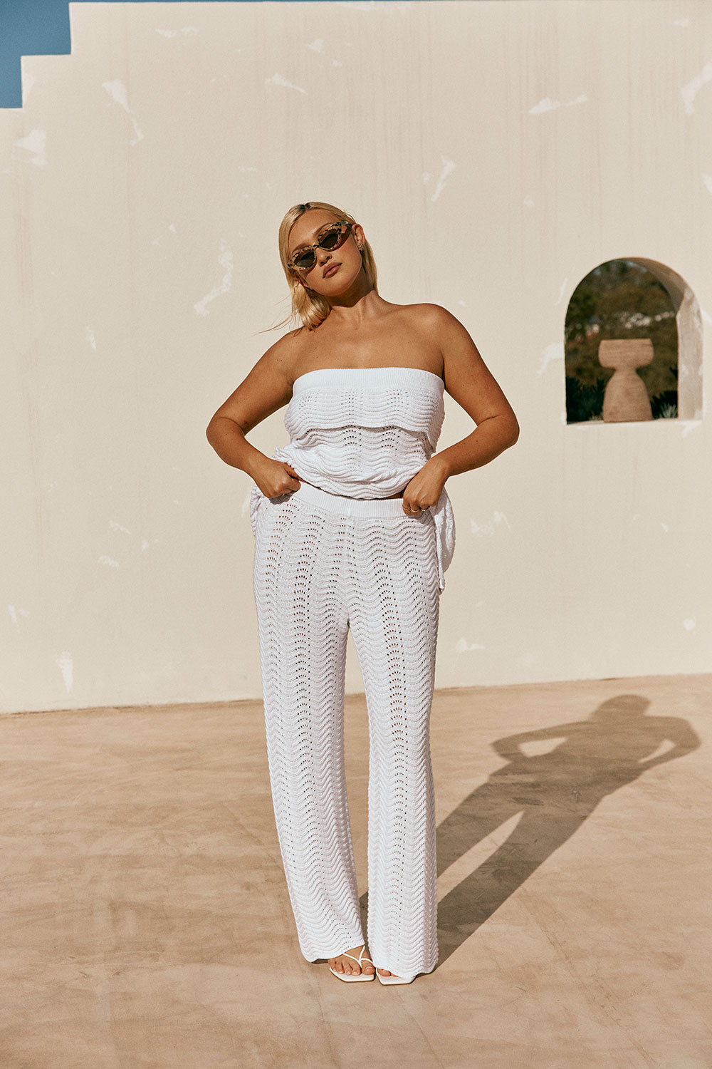 White Wave Knit High Waist Kama Pants