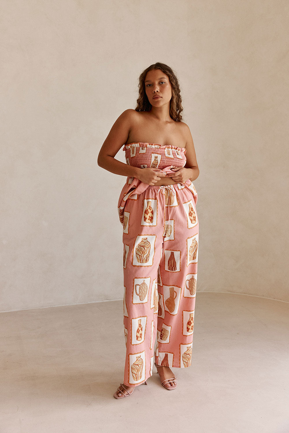 Pink Florero Print Elastic Drawstring Lucia Pants
