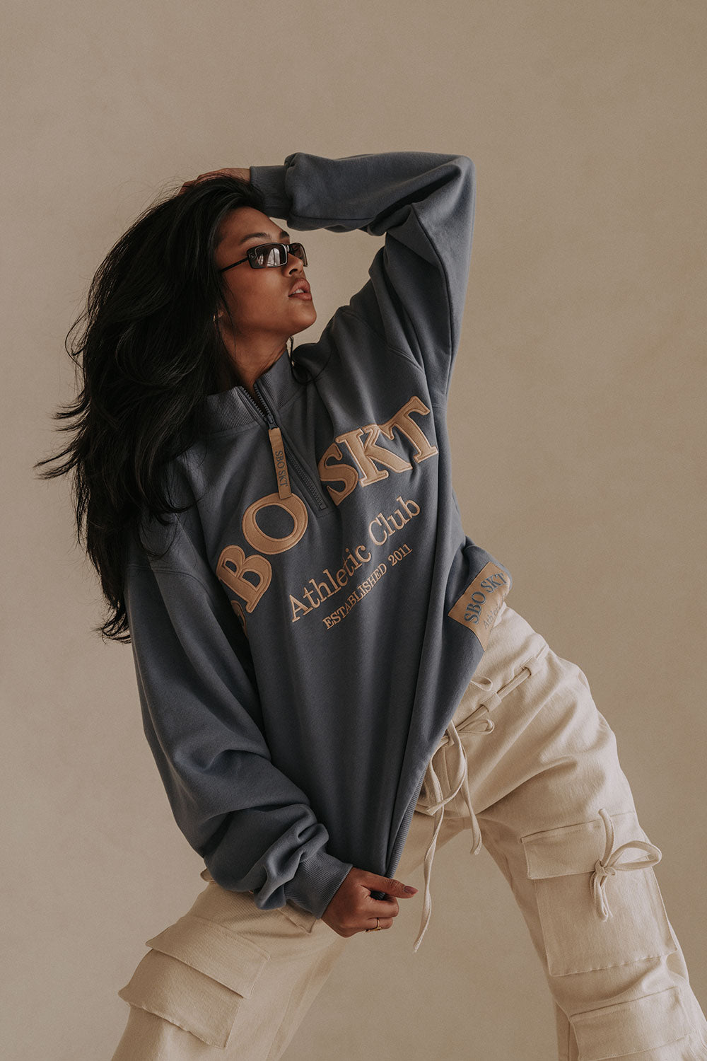 Montpellier Oversized Vintage Sweater - Fleece Blue, Tan
