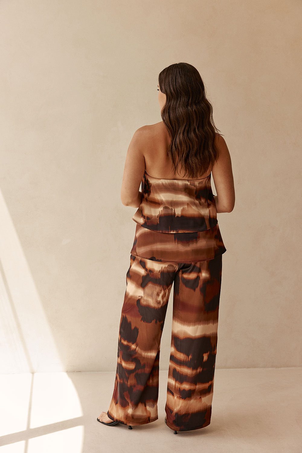 Brown Mirage Bloom Print Satin Strapless Fabi Top