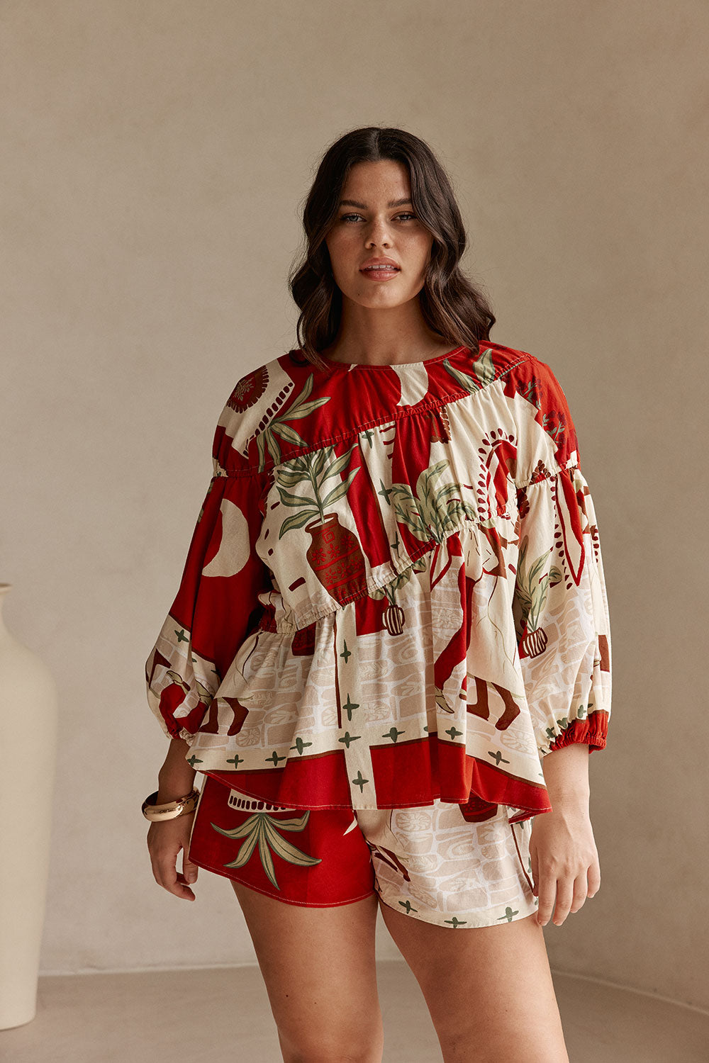 Red Palma Vista Print Long Sleeve Ruched Belinda Top