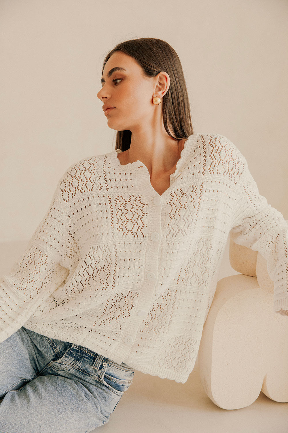 White Knit Long Sleeve Button Up Martina Top
