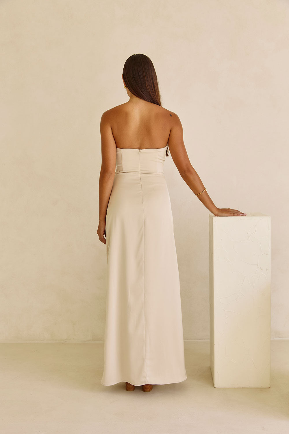 Champagne Strapless Ruched Midi Pela Midi Dress