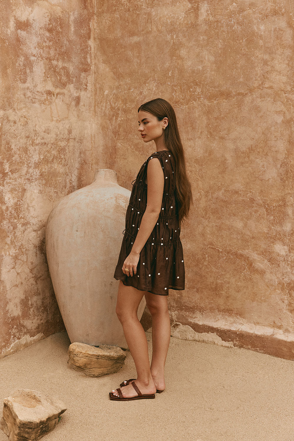 Chocolate Speck Polka Dot Gathered Mini Joslin Dress
