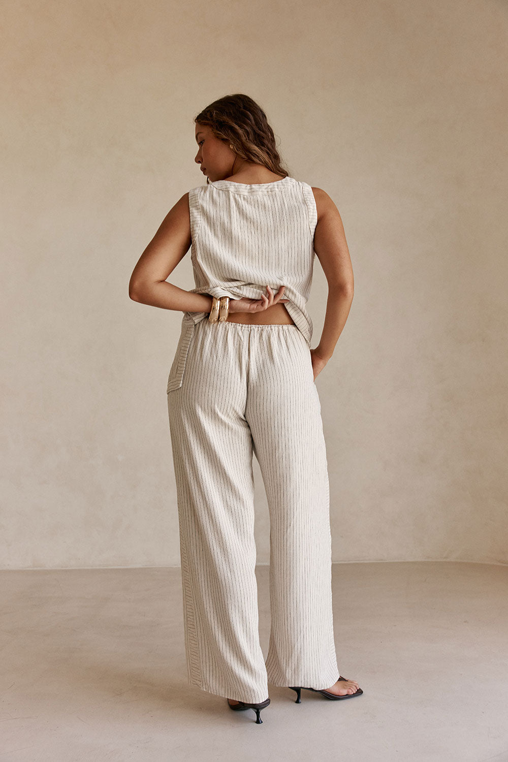 Cream and Black Pinstripe Drawstring Capri Pants