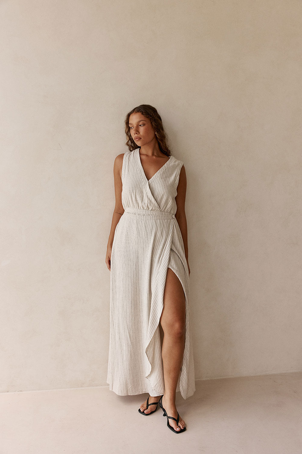 Beige and Black Pinstripe V Neck Maxi Cipriana Dress