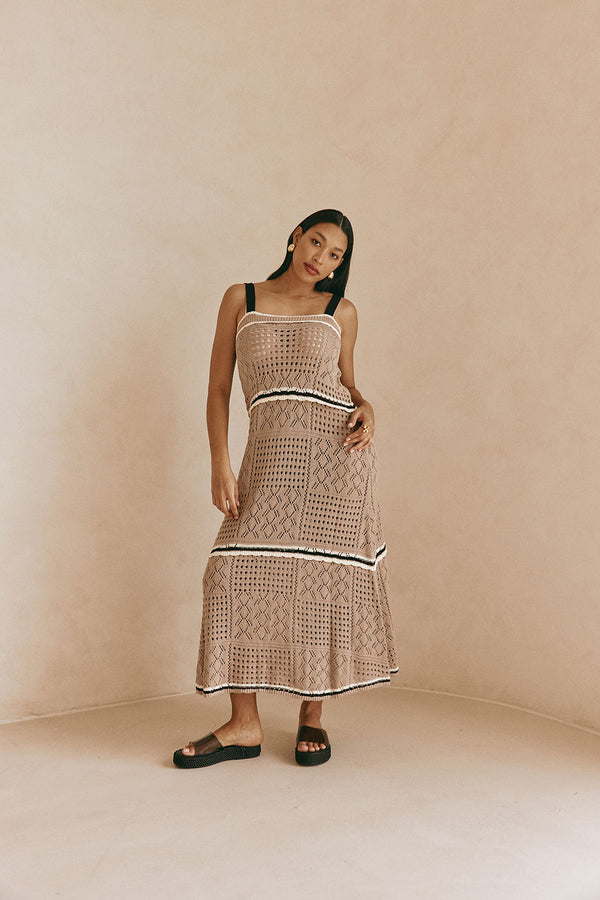 Tan Crochet Knit A Line Maxi Aliana Dress