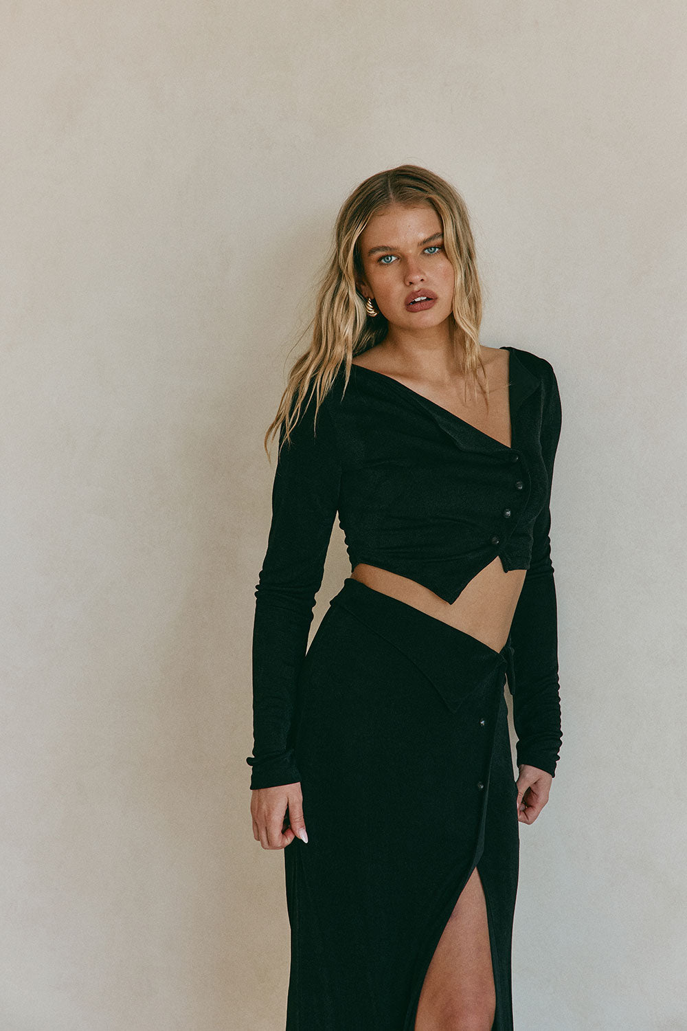 Black Asymmetric Button Up Cropped Indi Top