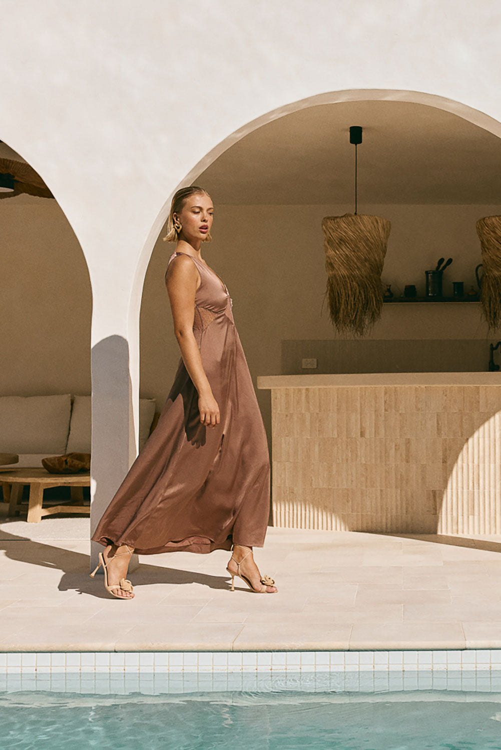 Brown  V Neck Cut Out Lace Maxi Dynasty Dress