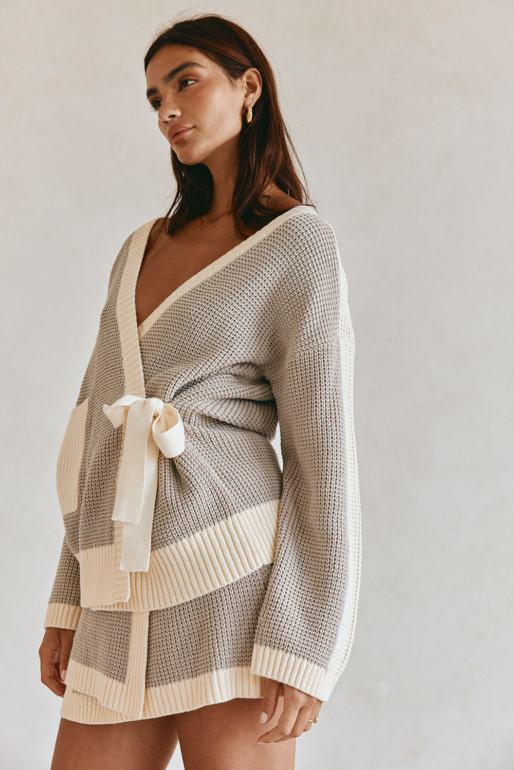 Grey and White Knit V Neck Wrap Chester Sweater
