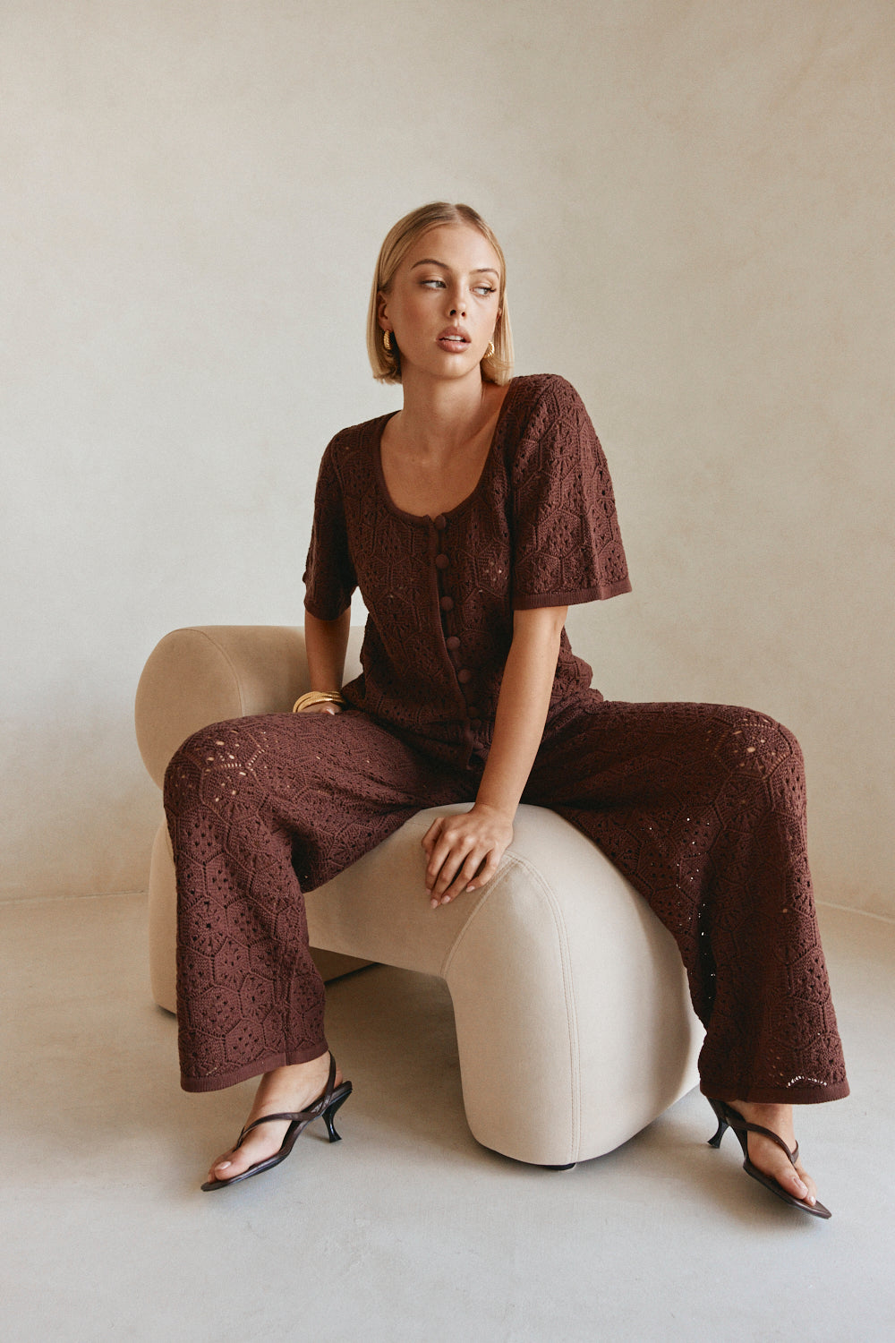 Brown Crochet Knit High Waist Umiko Pants