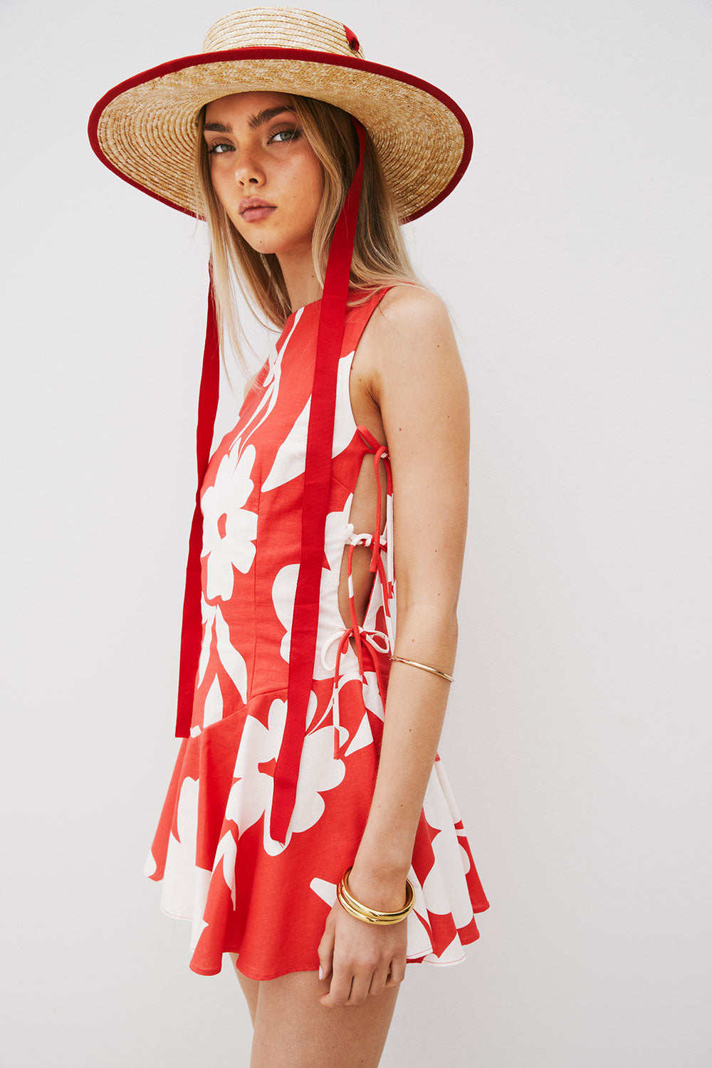 Red Sweet Caroline White Floral Side Tie Mini Mariana Dress