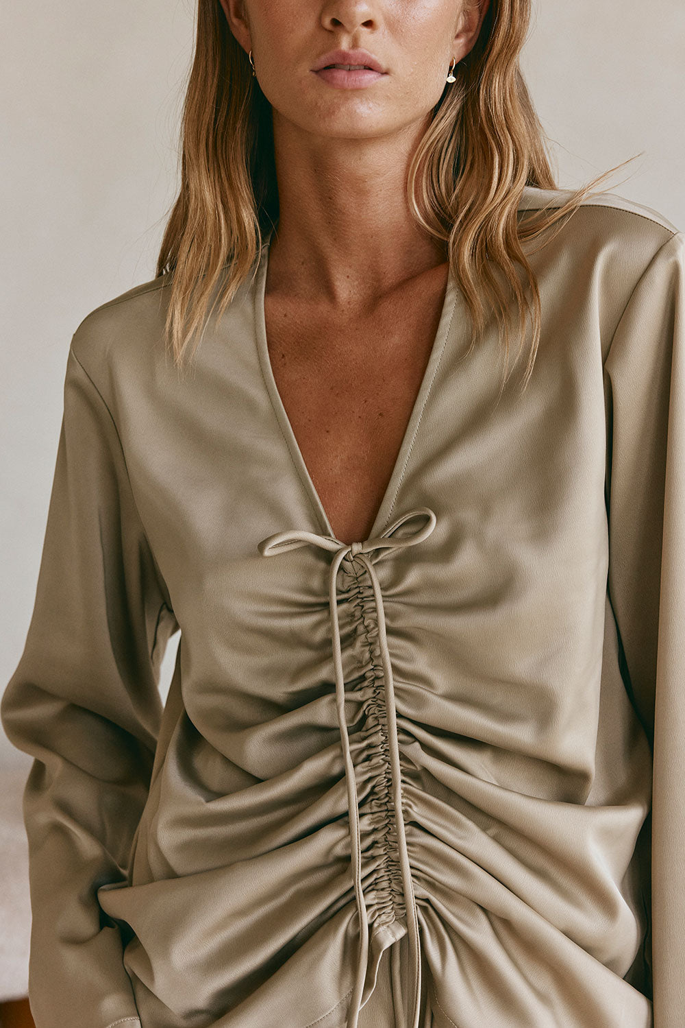 Khaki Silky Long Sleeve Ruched Bindi Top