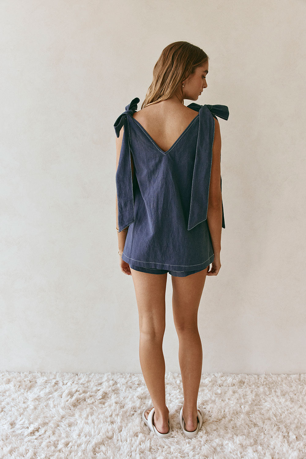 Dark Blue Denim V Neck Shoulder Bow Elixir Top
