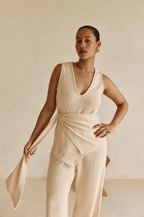 Beige Ribbed V-Neck Wrap Liora Top