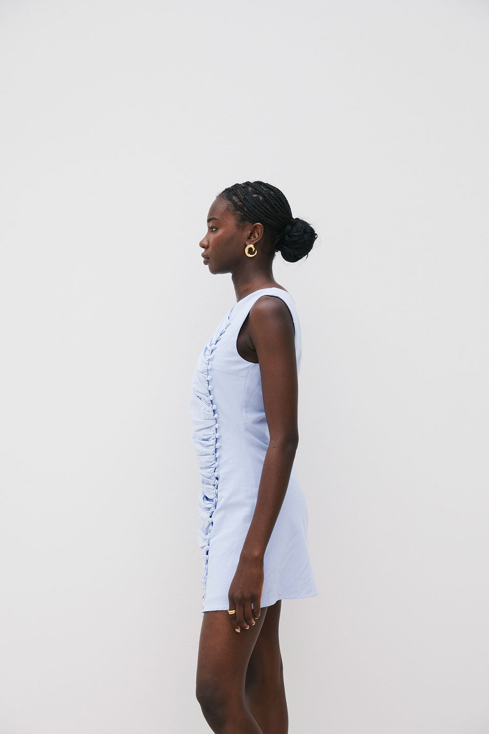 Blue Ruched Button Mini Alchemy Dress