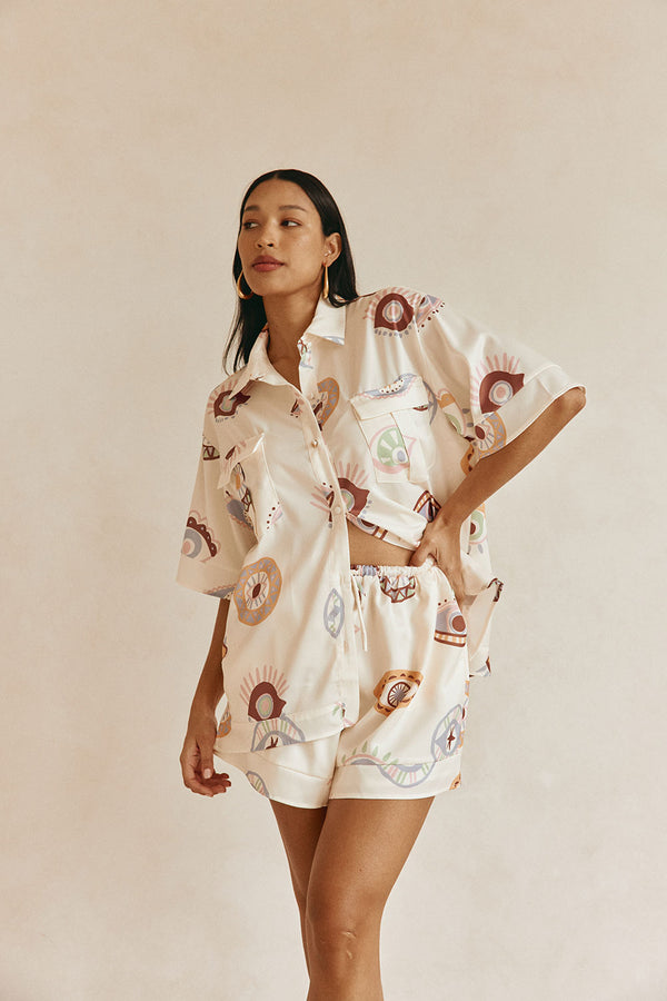 Cream Matia Print Elastic Drawstring Marika Shorts