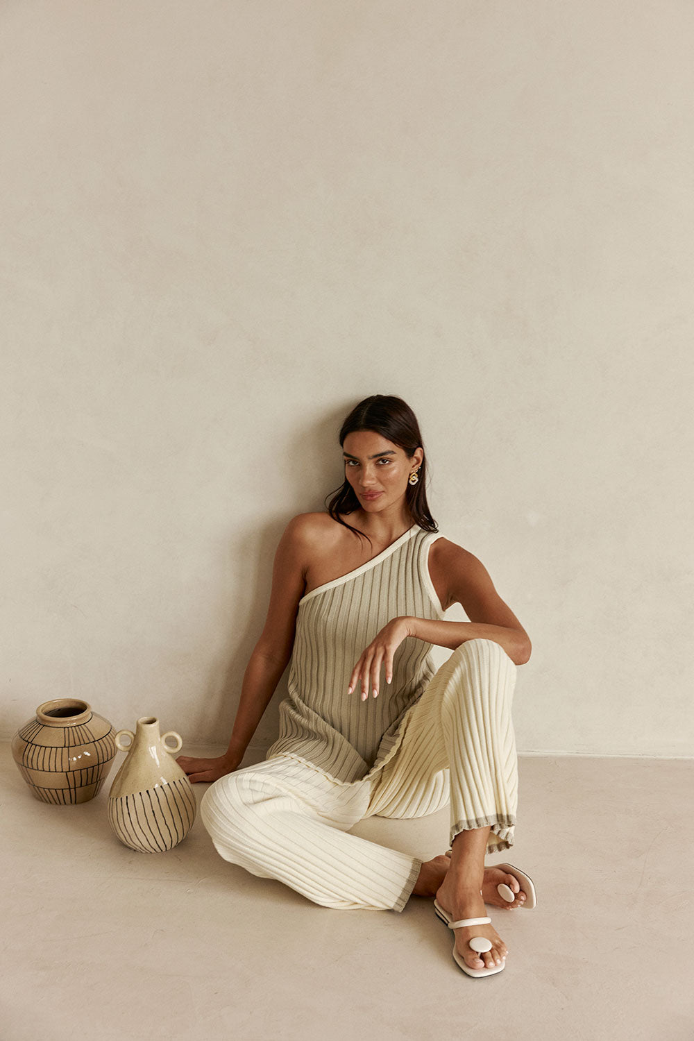 White Ribbed High Waist Aylani Pants