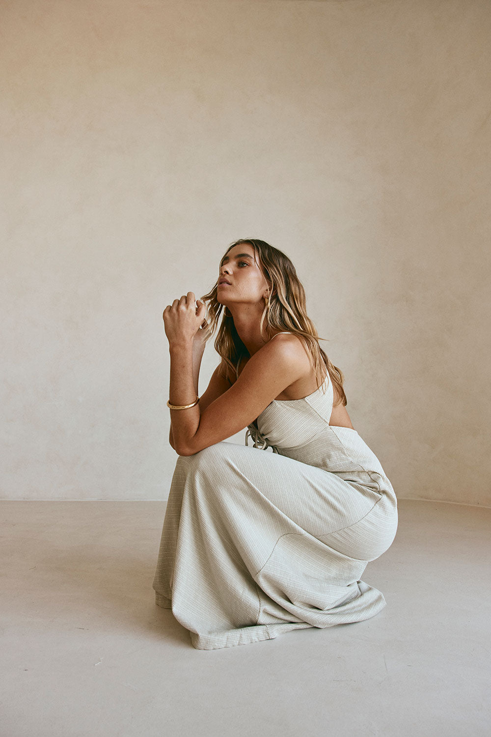 Sage Green Waffle Sweetheart Backless Maxi Dua Dress