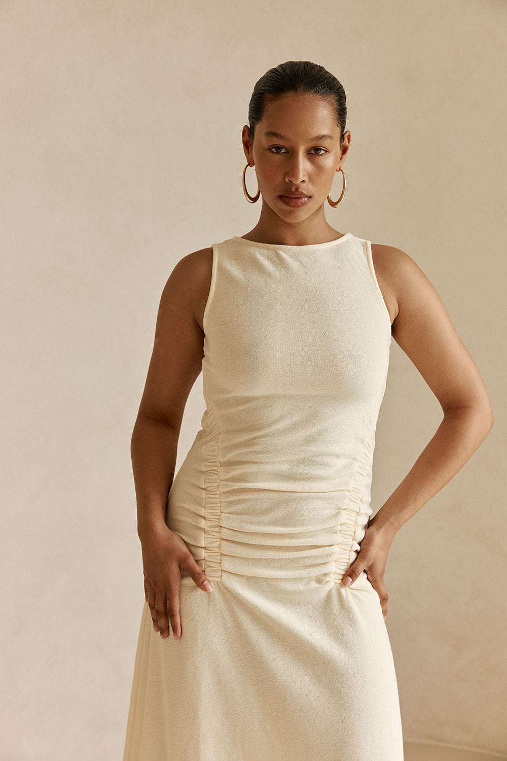 Cream Ruched Maxi Ema Dress