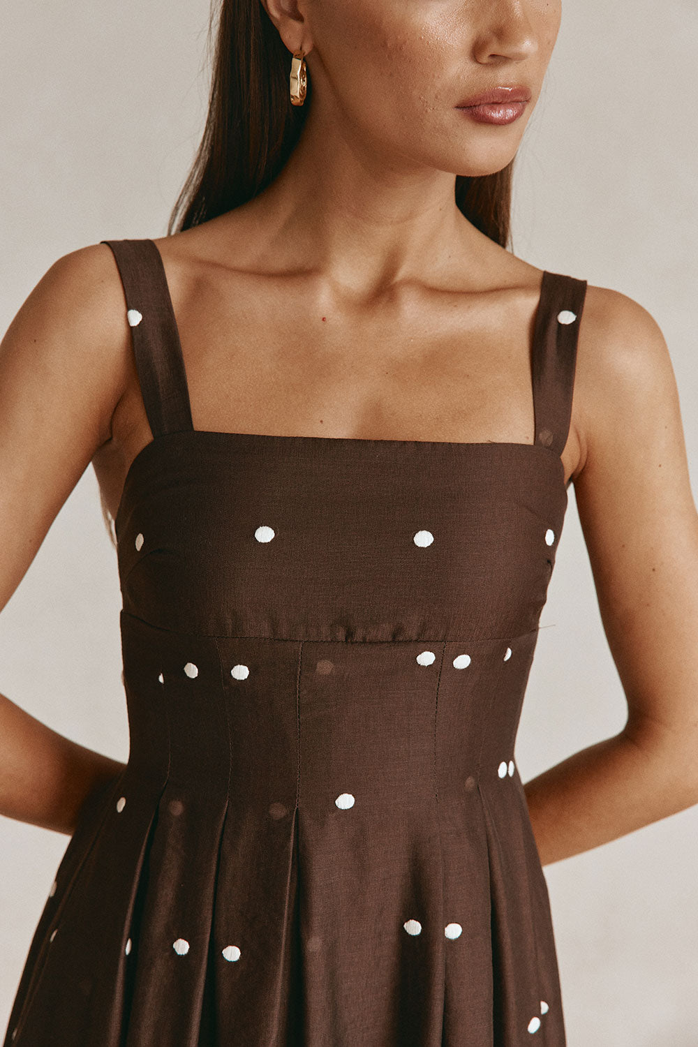 Chocolate Speck Polka Dot Pin Tuck Maxi Flores Dress
