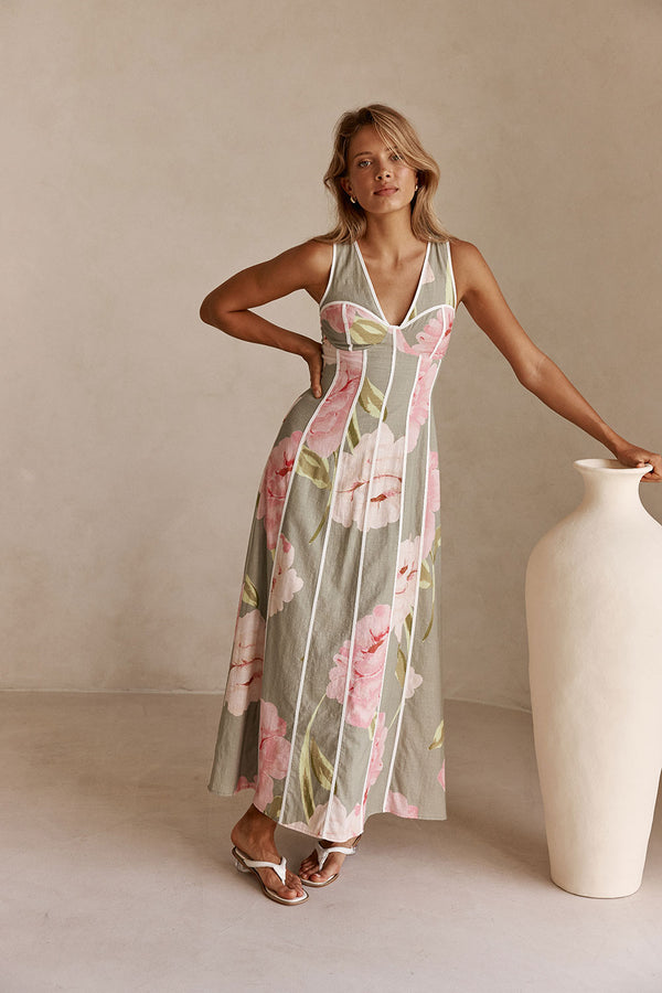Fiori Green Floral Print V Neck Maxi Emory Dress