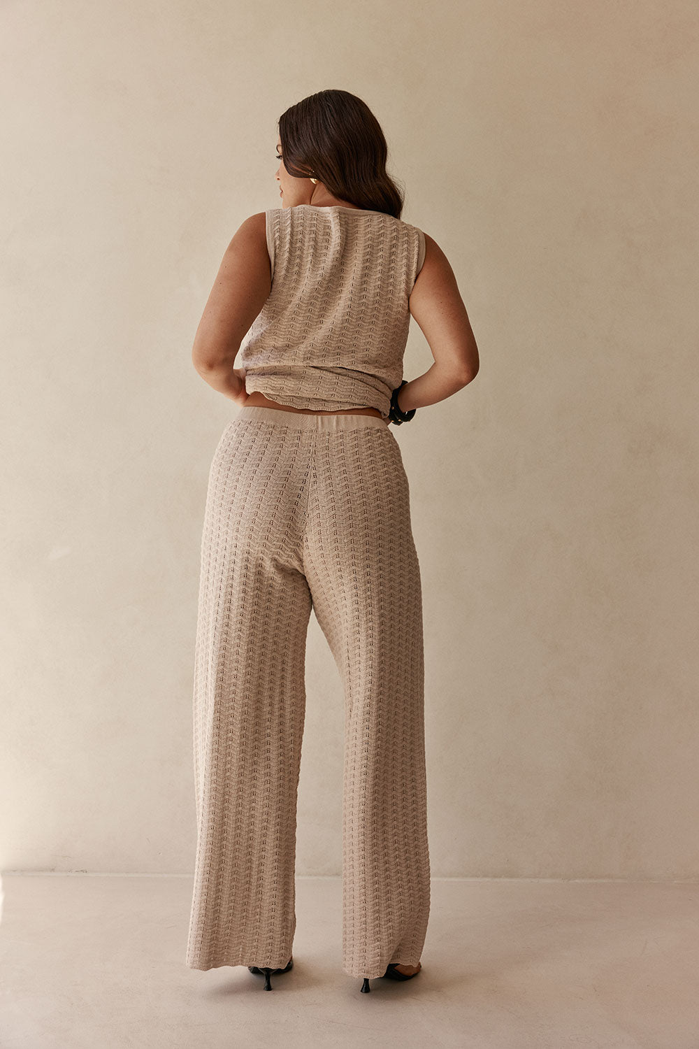 Beige Cotton Knit High Waist Lilah Pants