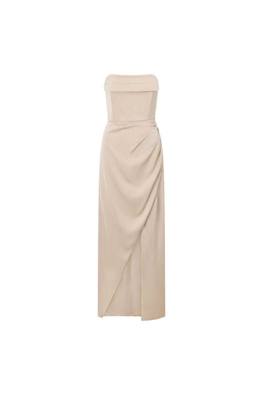 Champagne Strapless Ruched Midi Pela Midi Dress