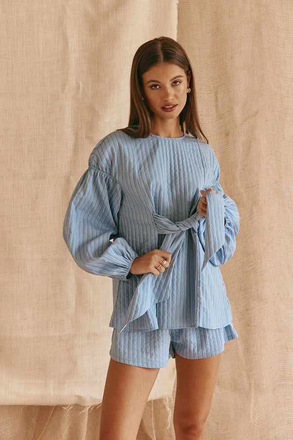 Blue Stripe Waist Tie Hailey Top