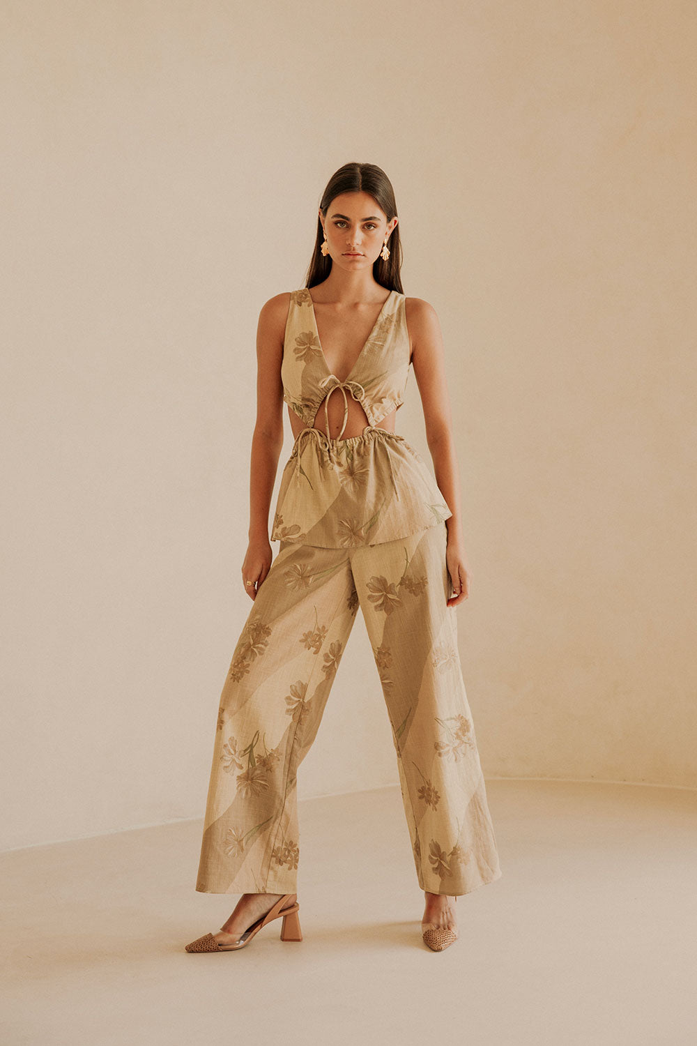  Esmae Tropical Cutout Tie Jumpsuit - Brown, Green Tawny Bloom Print