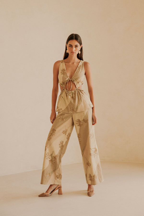  Esmae Tropical Cutout Tie Jumpsuit - Brown, Green Tawny Bloom Print