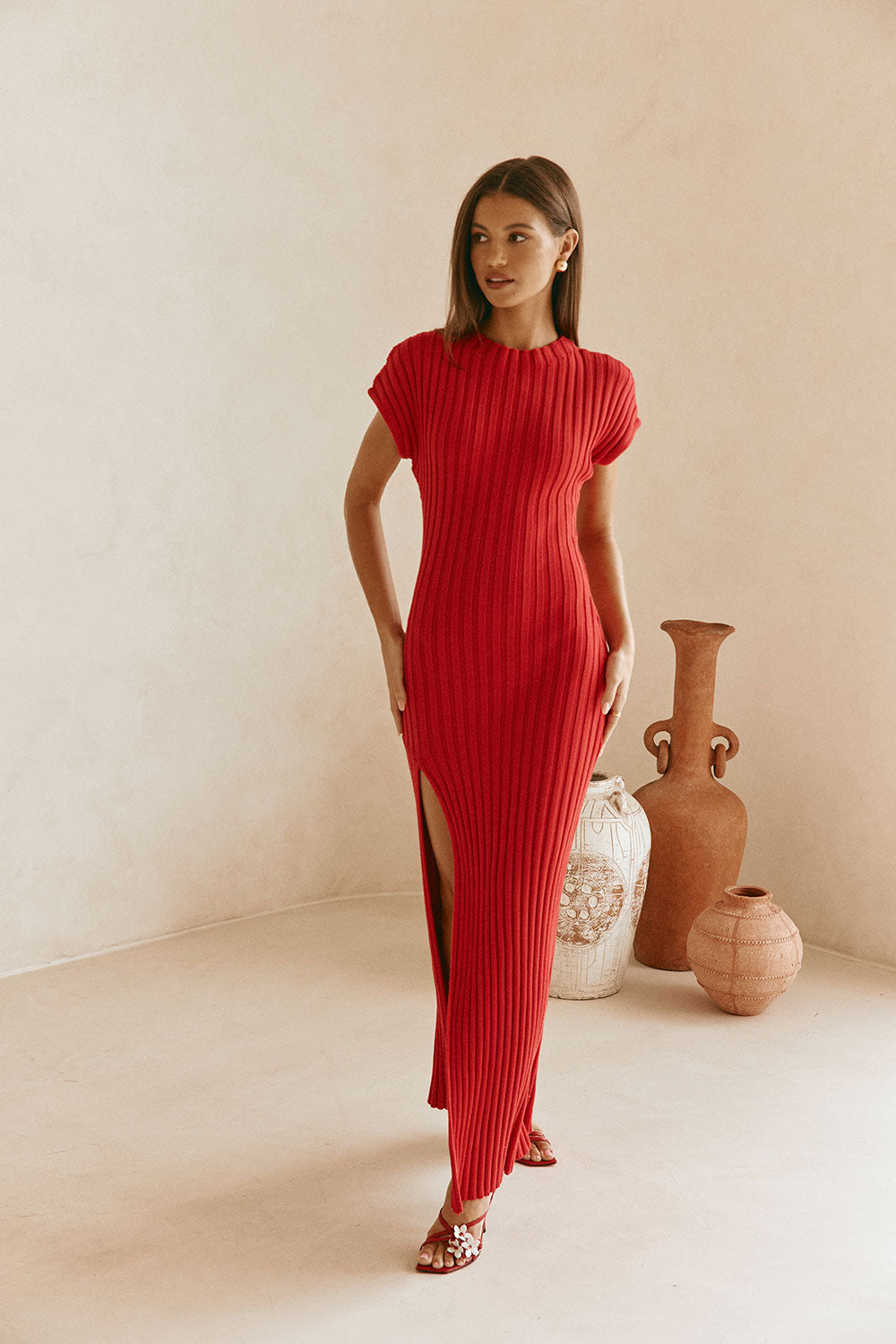 Red Rib Split Maxi Gemini Dress