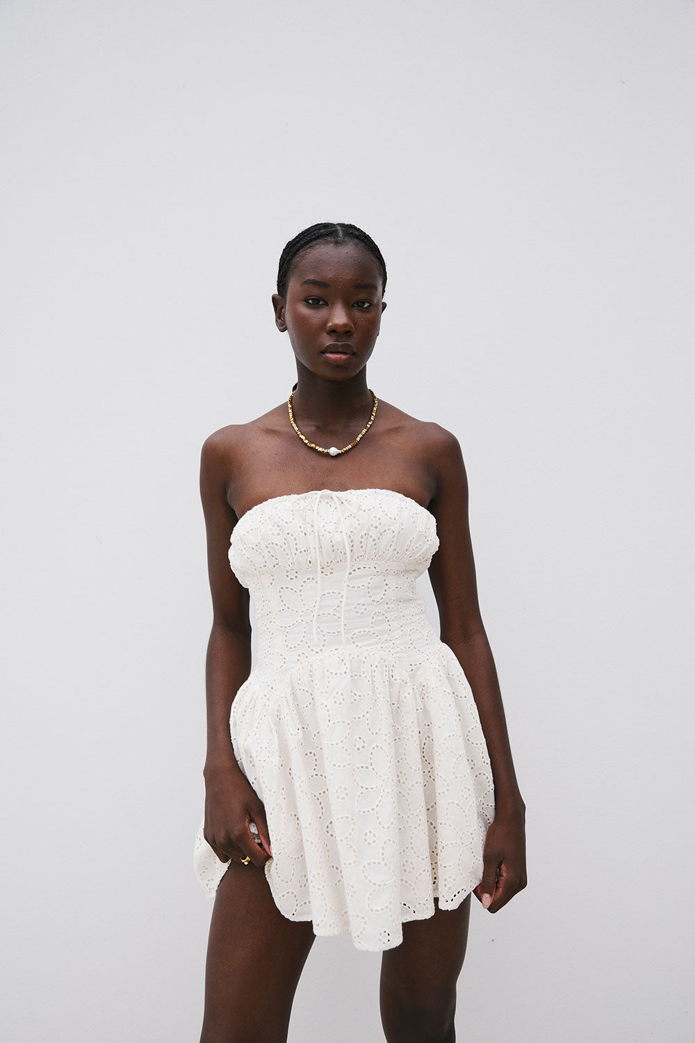 White Broderie Strapless Flouncy Mini Aura Dress