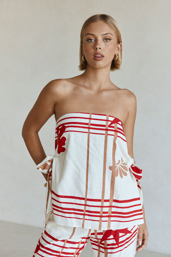 Cream Moana Red Print Strapless Aspyn Top