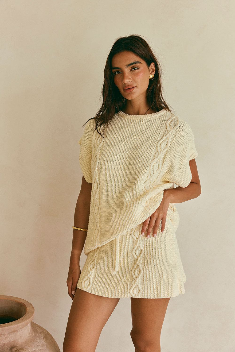 Cream Knit Drawstring Mini Nevaeh Skirt