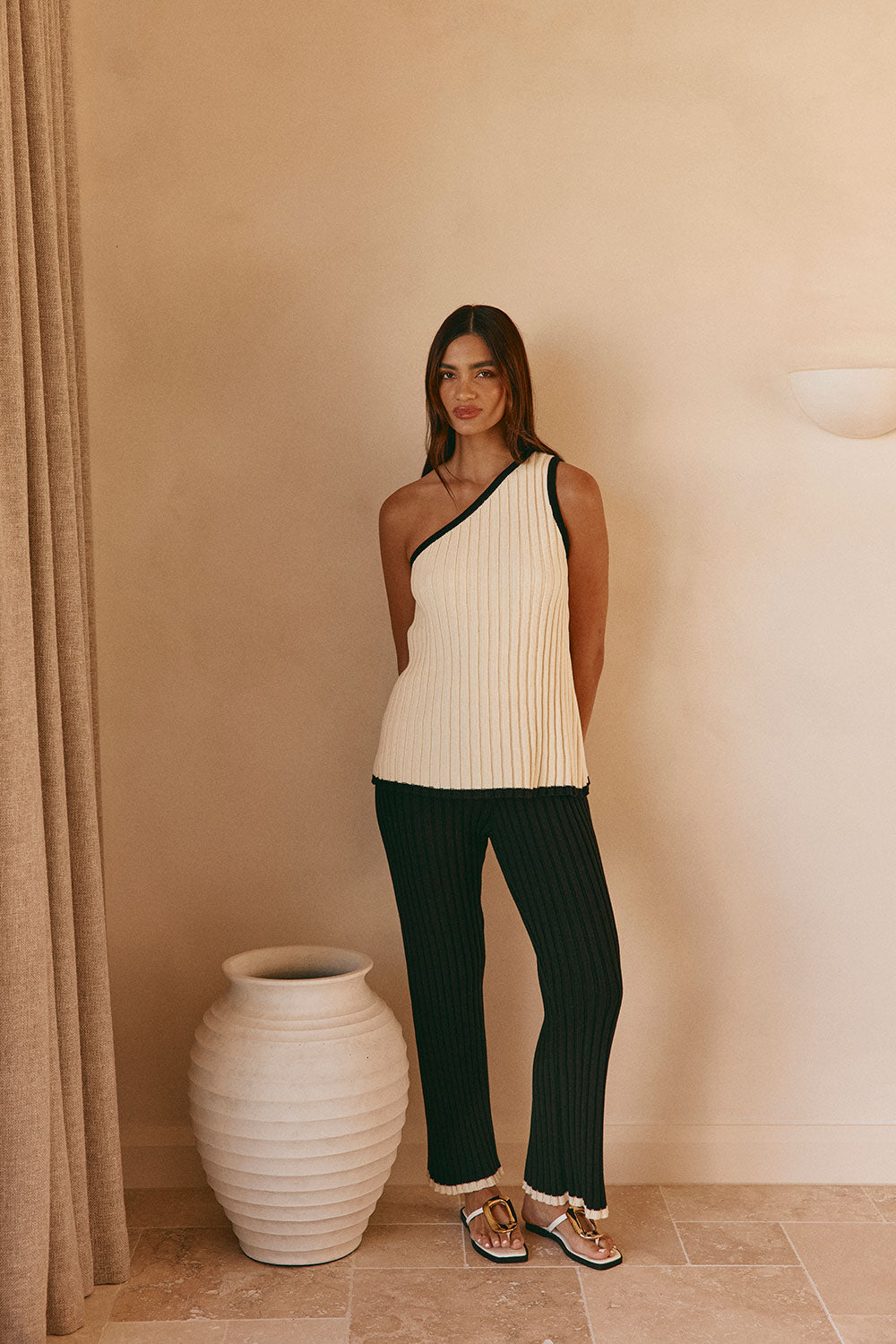 Cream Ribbed One Shoulder Aylani Top
